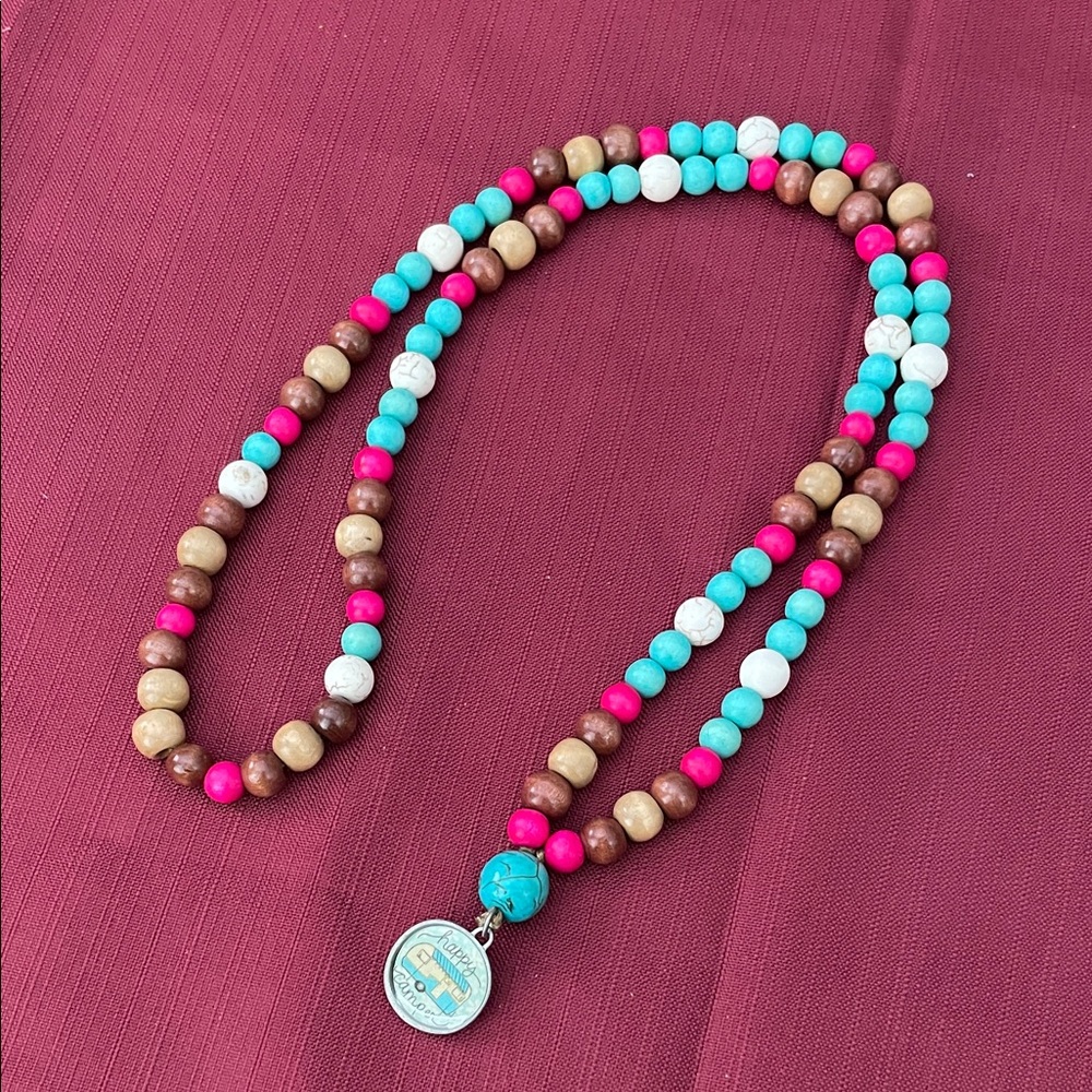 Hand assembled beaded necklace happy camper